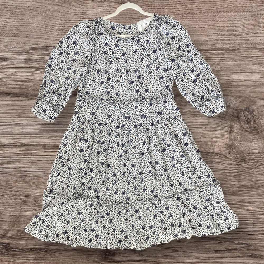 DYVNA Silk Blend Floral Cottagecore Midi Dress Blue Tiered Puff Sleeve Small